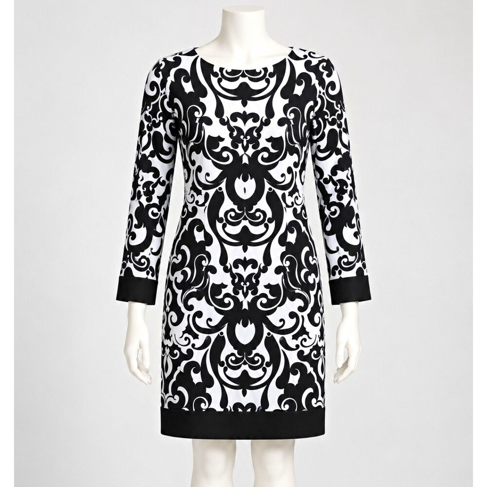 VTG Cachet Dress Size 10 Black White Damask Baroque Sheath Work Career Party